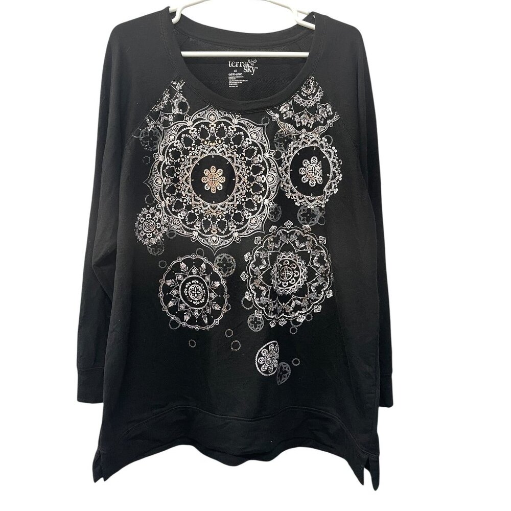 Terra & Sky Women's 2X Black Mandala Sequin Embellished Pullover Sweatshirt Top